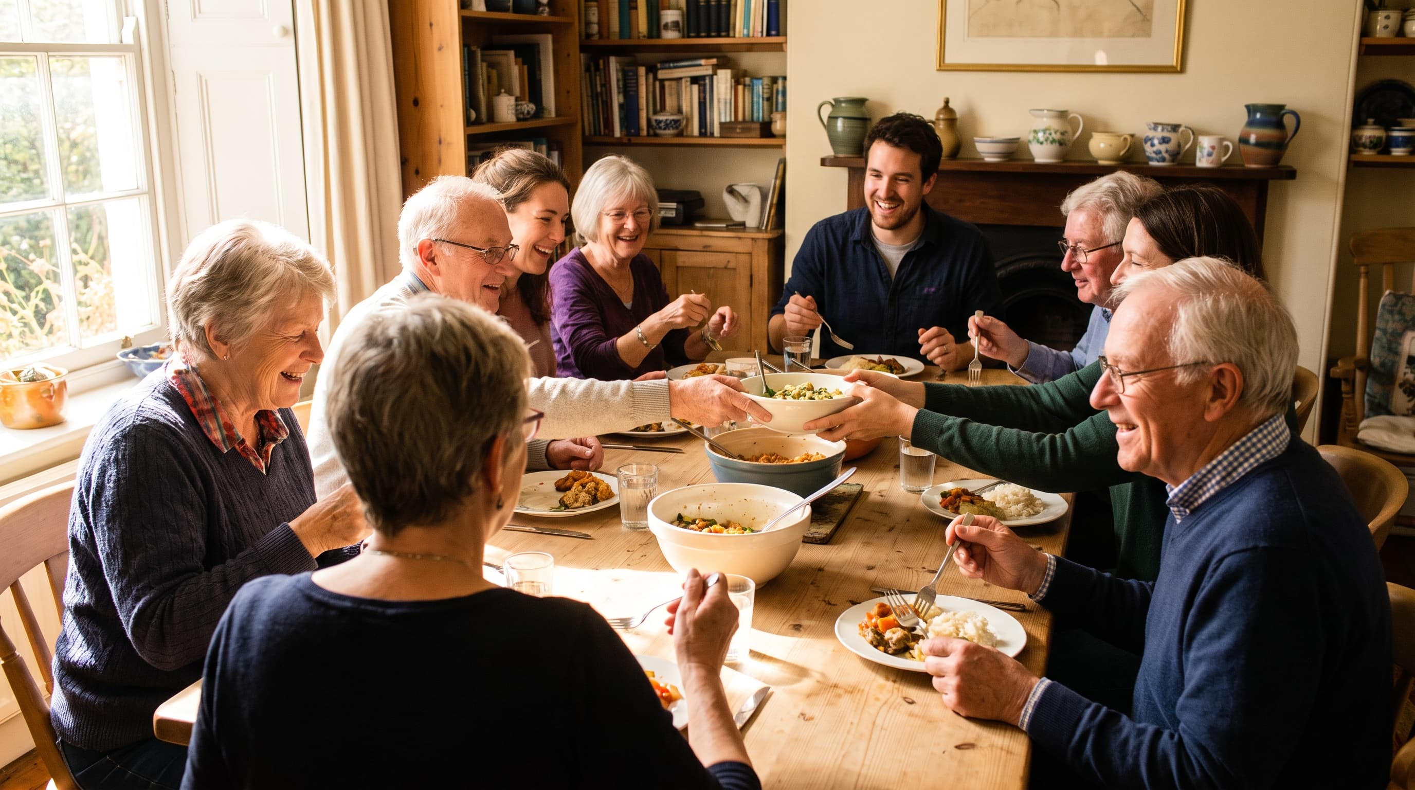 A diverse group of older friends and chosen family sharing a home-cooked meal around a wooden table, laughing and passing dishes.