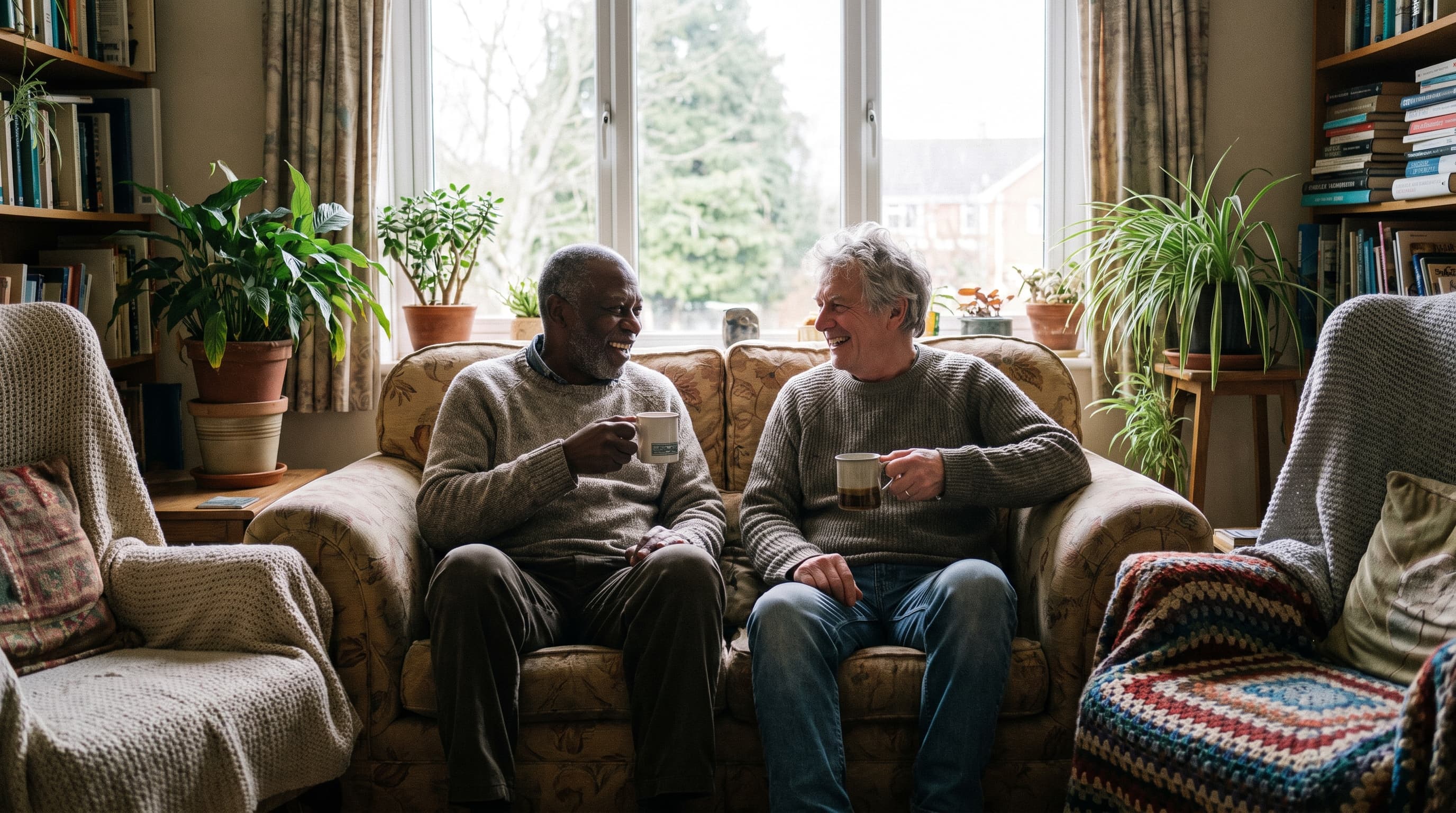 Two older men, one Black and one white, laughing together over coffee on a sofa in their cozy, plant-filled living room.