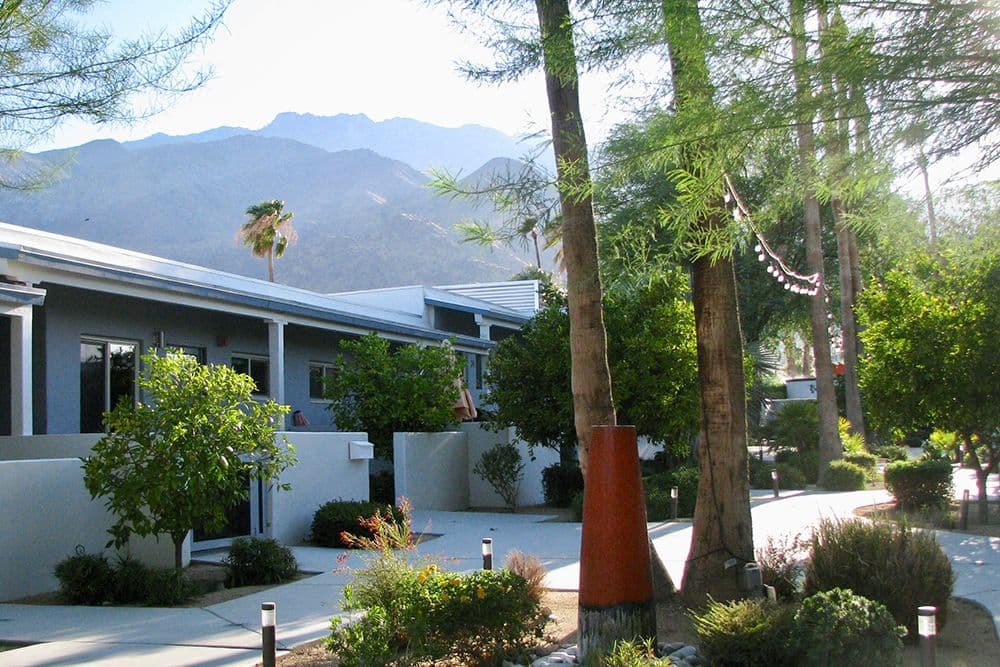Single-storey residences at Stonewall Gardens with the San Jacinto mountains rising behind them, palms and string lights along the walkway.