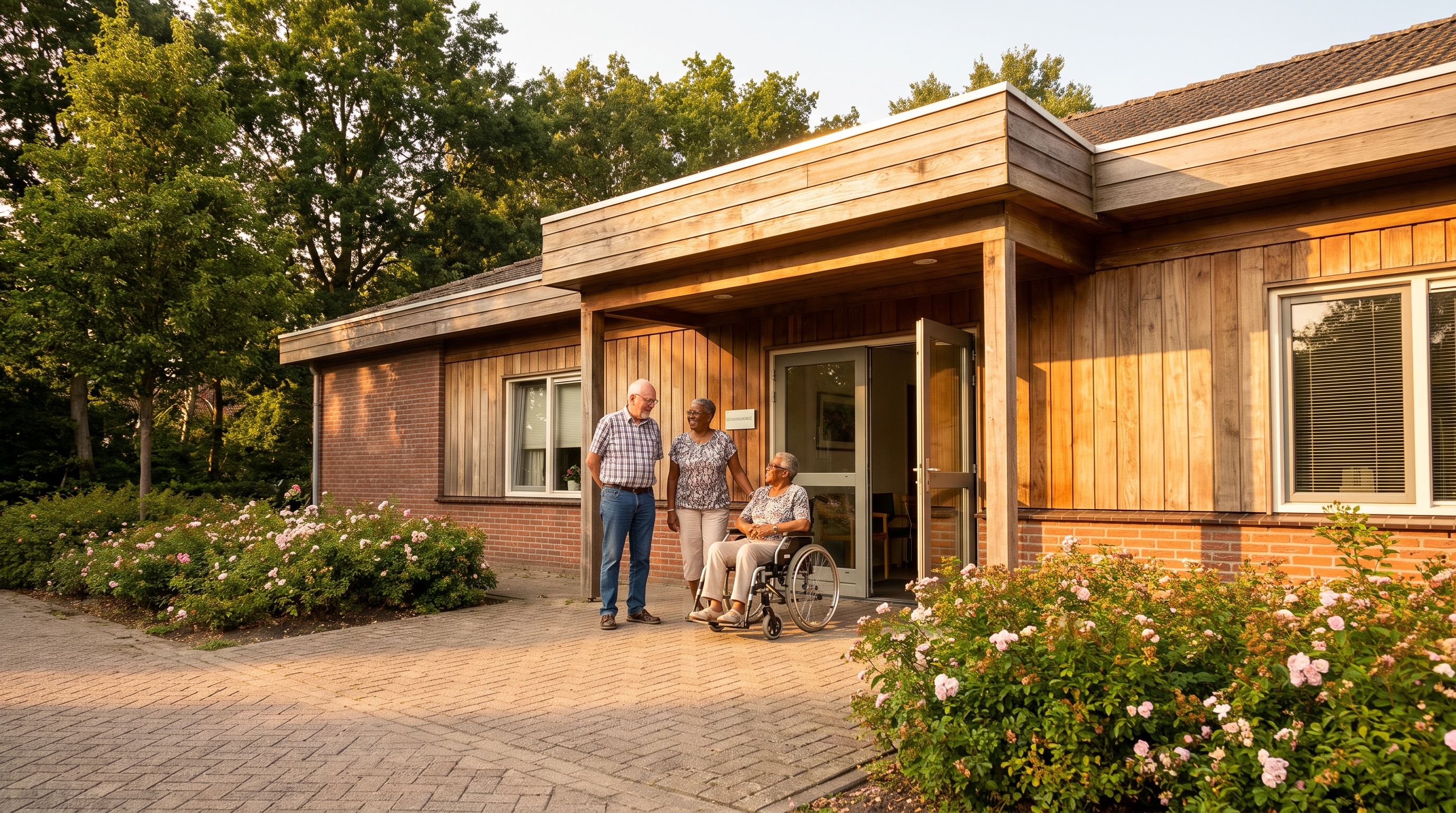 Three older adults, one using a wheelchair, are welcomed by a companion outside a brick-and-wood care home framed by rose bushes.