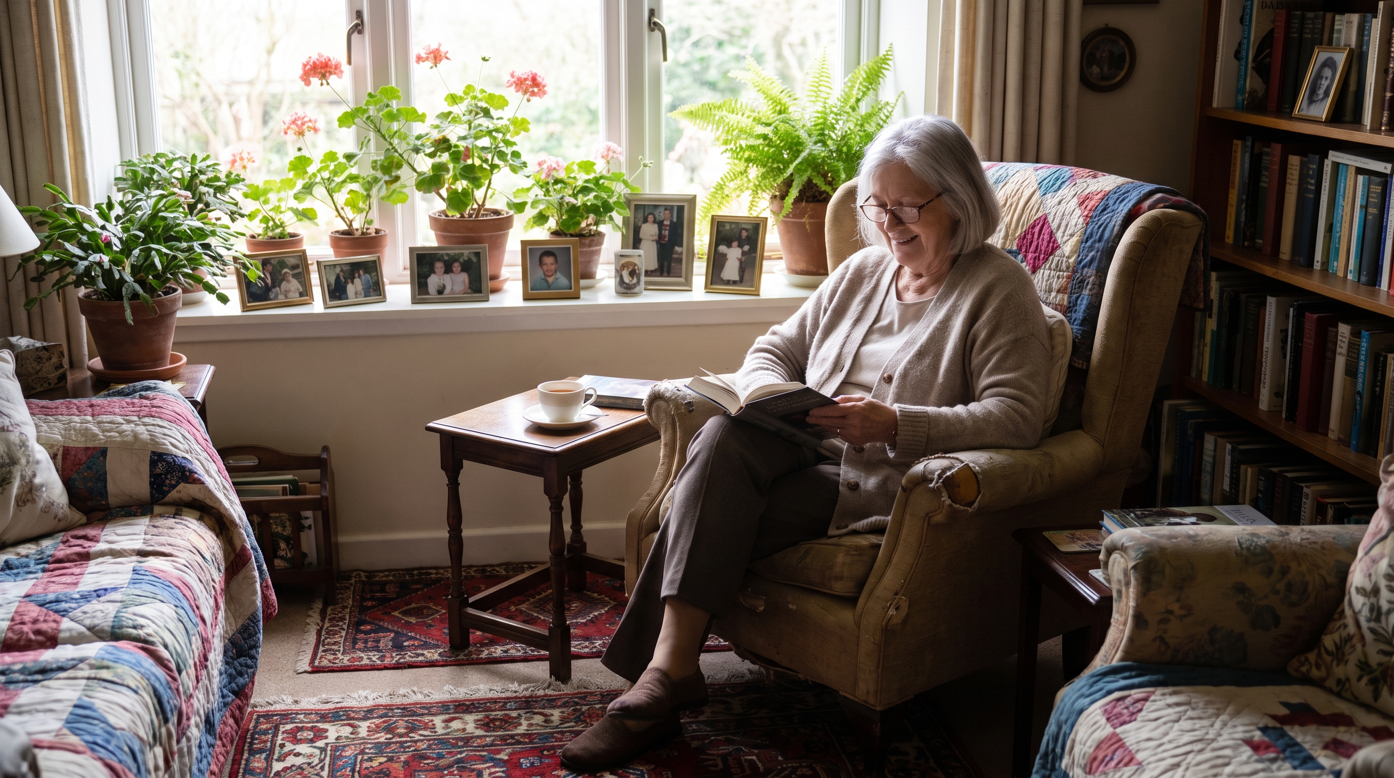 A silver-haired older woman reads a book in a cozy armchair by a sunny window.