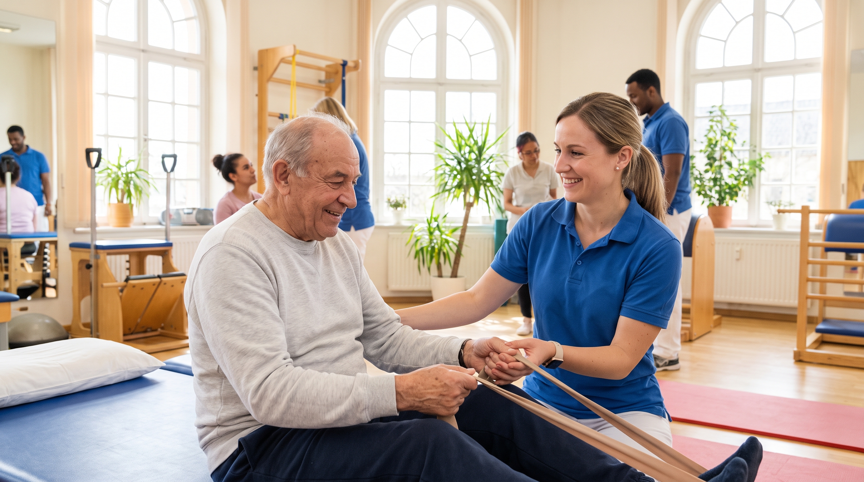 A physical therapist in a care setting helps an older man with a gentle resistance-band exercise.