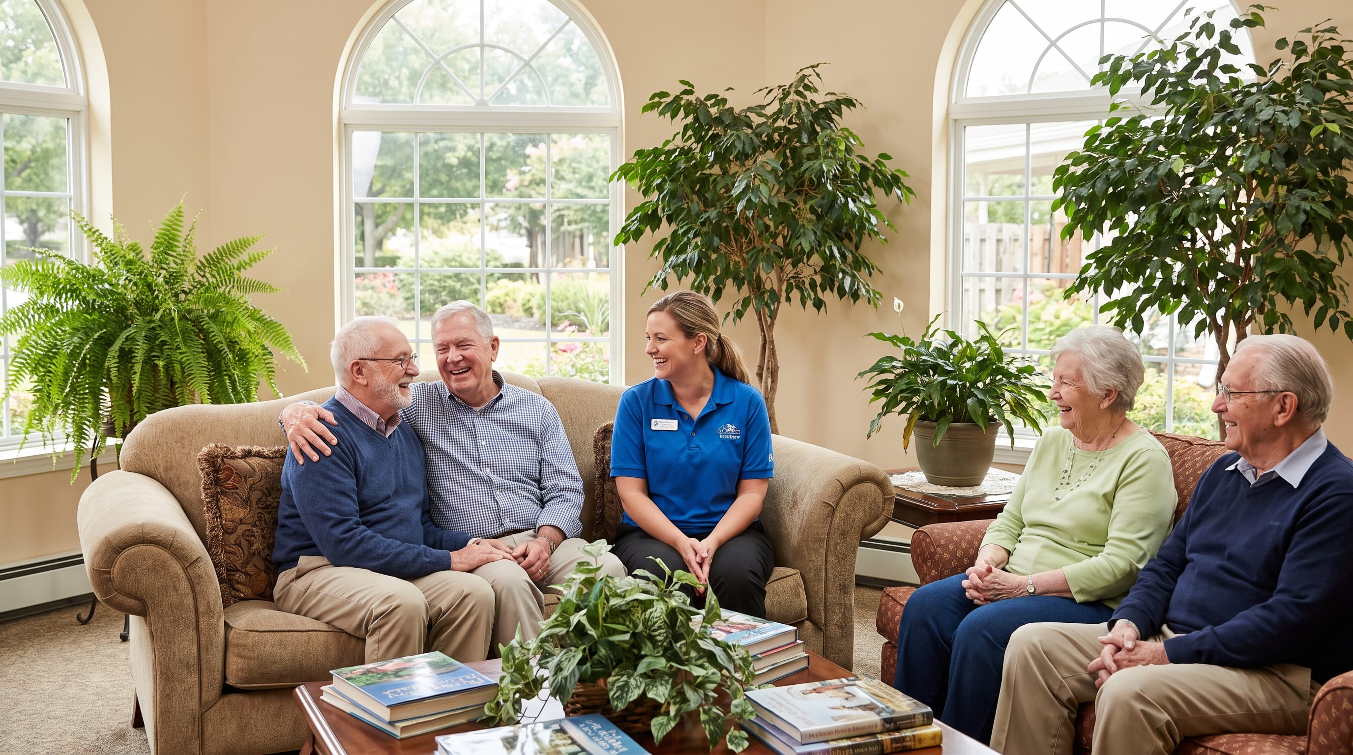 A staff member in a blue polo chats warmly with older residents in a bright, plant-filled senior-living lounge.